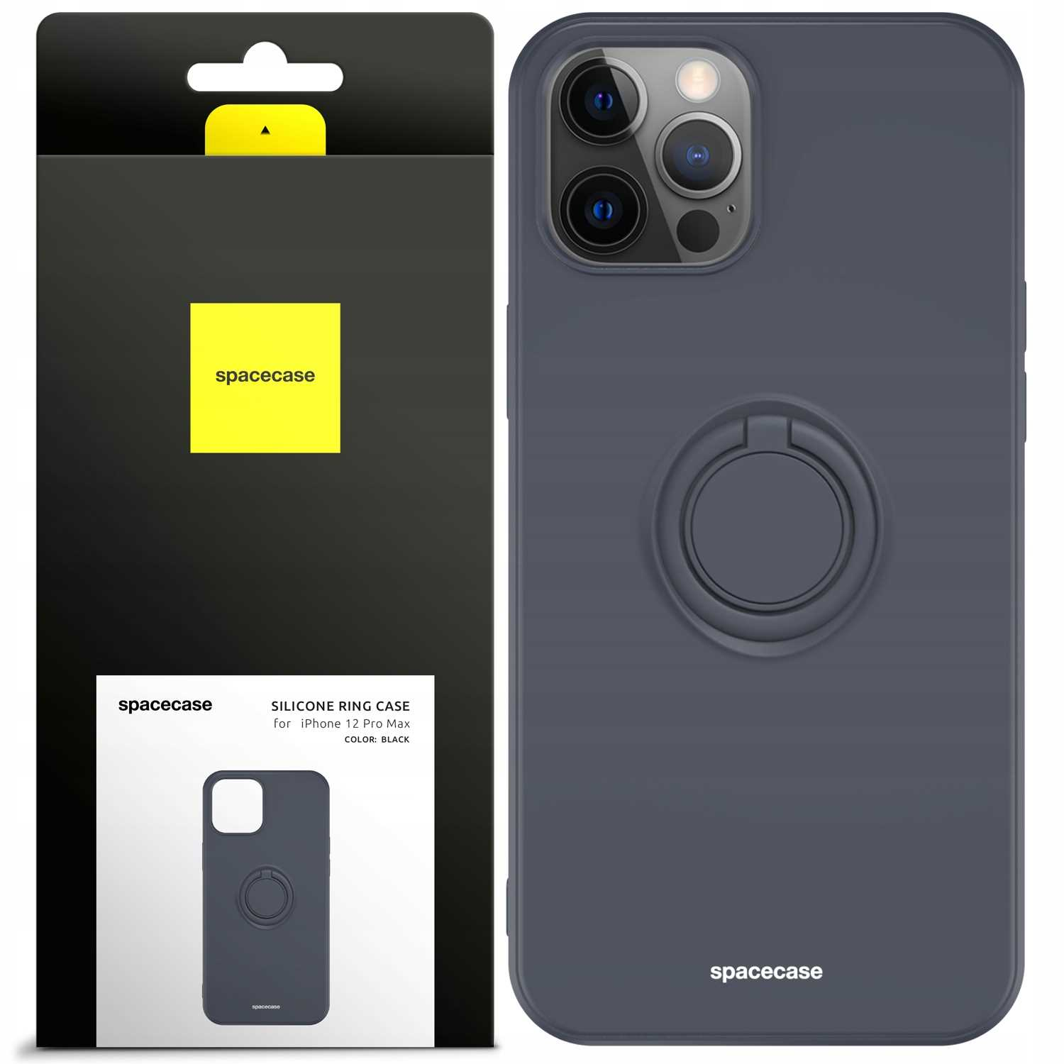 Ciemnoniebieskie etui z uchwytem na pierścień i pudełkiem. Logo Spacecase na etui i pudełku. Czarne etui.