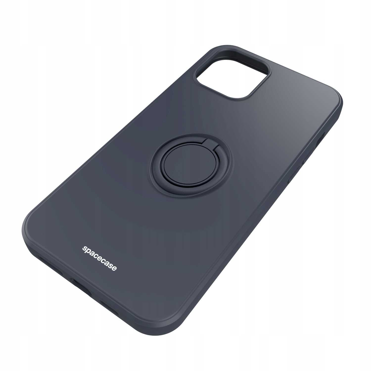 Ciemnoniebieskie etui z uchwytem na pierścień. Logo Spacecase na dole. Widok z kąta.