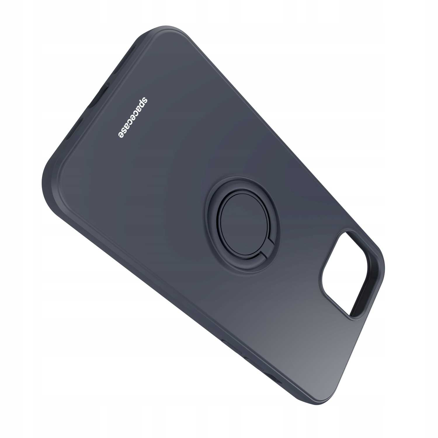 Ciemnoszare etui na telefon z uchwytem na pierścień. Marka 'spacecase' jest nadrukowana. Widok z boku.