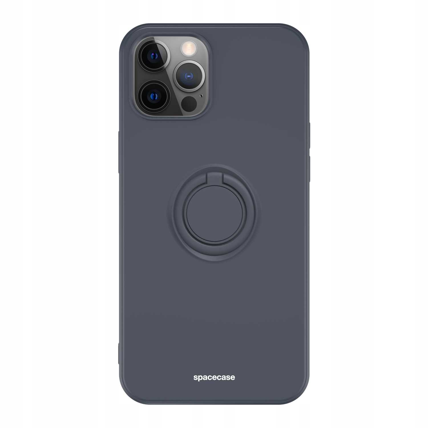 Ciemnoniebieskie etui z uchwytem na pierścień. Logo Spacecase na dole. Widoczne wycięcia na aparat.