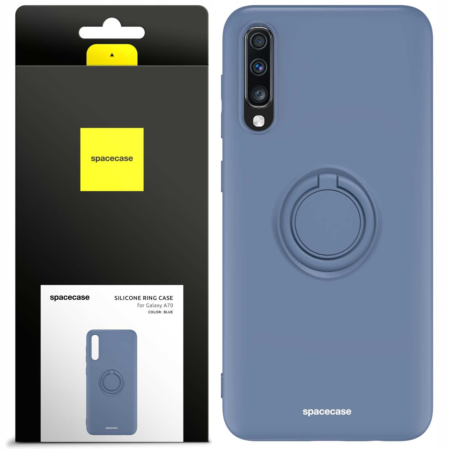 Niebieskie etui z pierścieniem i pudełkiem. Pudełko ma żółtą etykietę. Etui jest dla Galaxy A70.