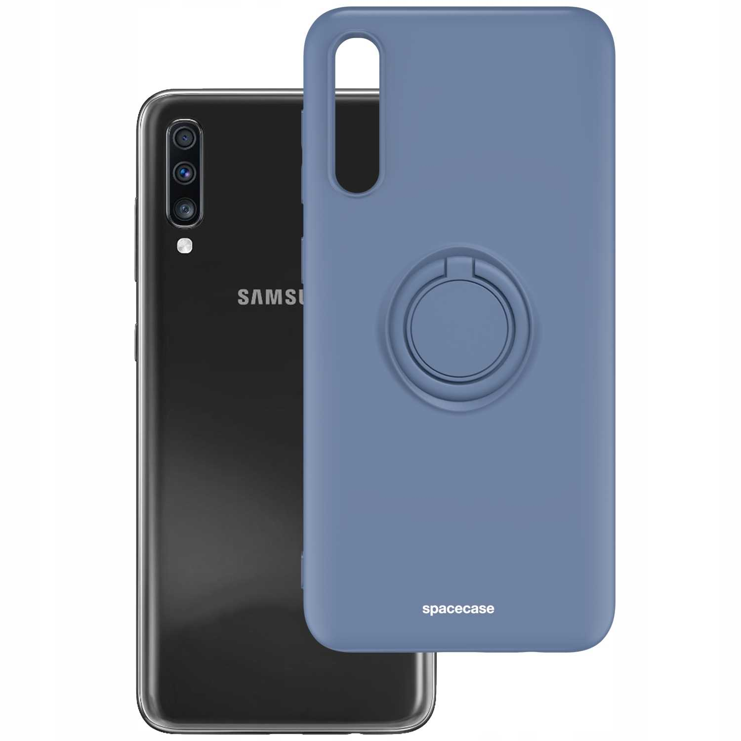 Ciemny telefon obok niebieskiego etui z pierścieniem. Na etui napis 'spacecase'.