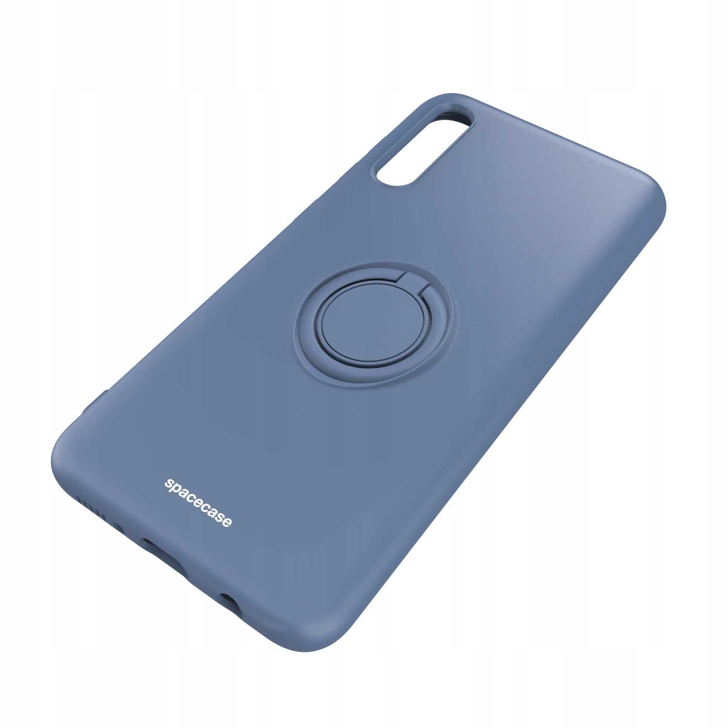 Niebieskie etui na telefon z pierścieniem. Na etui napis 'spacecase'.