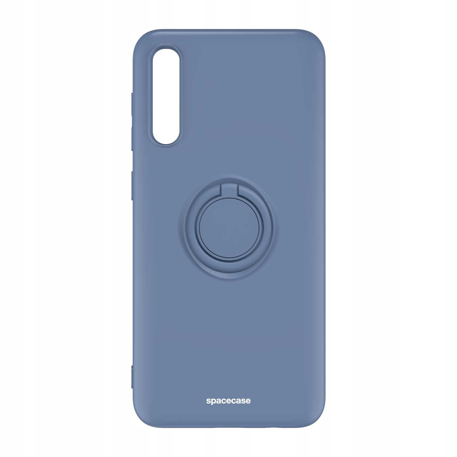 Niebieskie etui na telefon z pierścieniem. Na etui napis 'spacecase'.