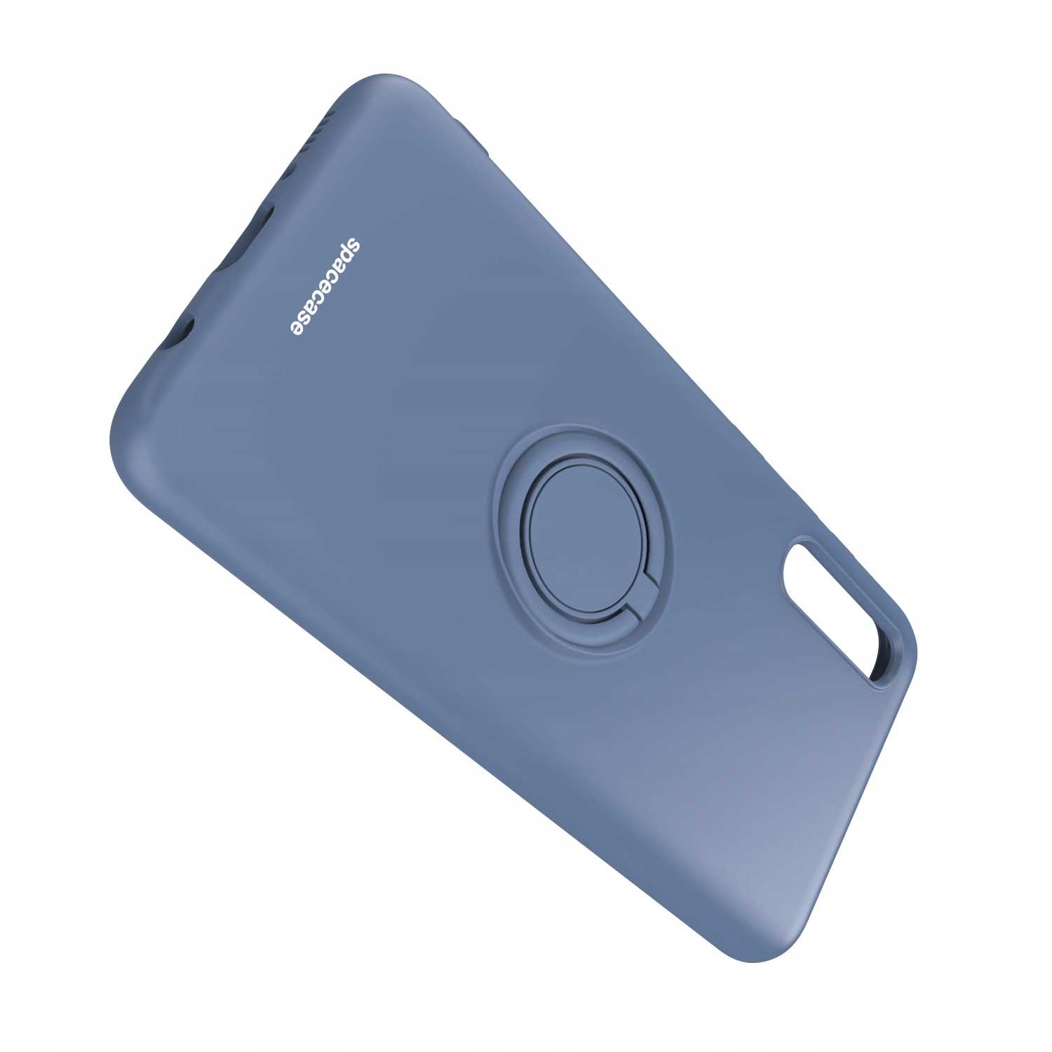 Niebieskie etui na telefon z pierścieniem. Na etui napis 'spacecase'.