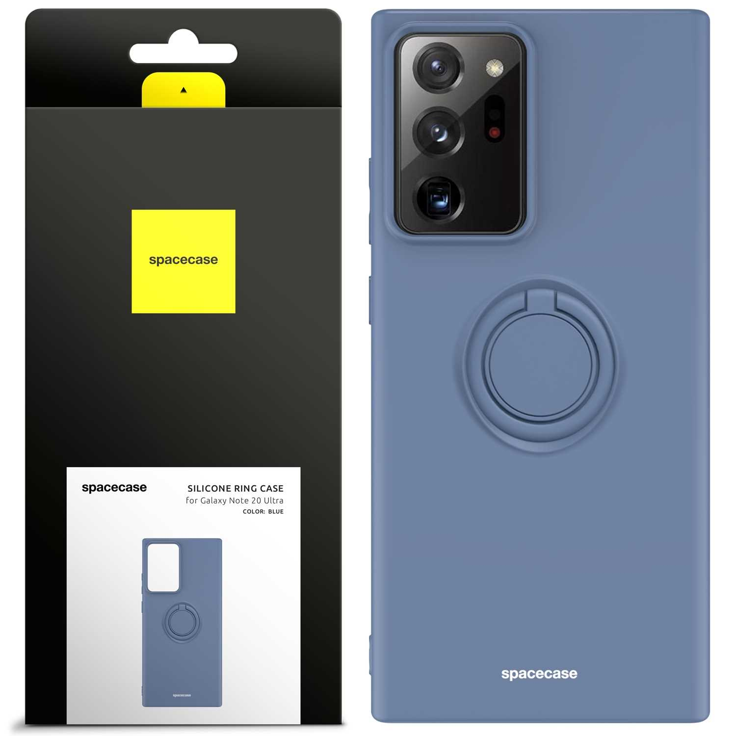 Niebieskie etui z uchwytem i pudełkiem. Marka 'spacecase' na dole.