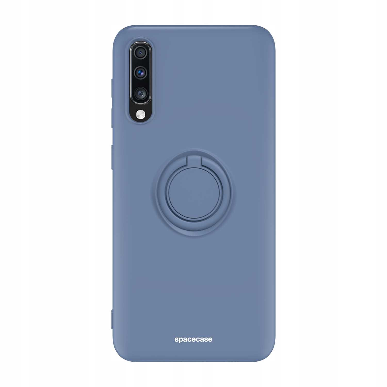 Niebieskie etui na telefon z pierścieniem. Na etui napis 'spacecase'.