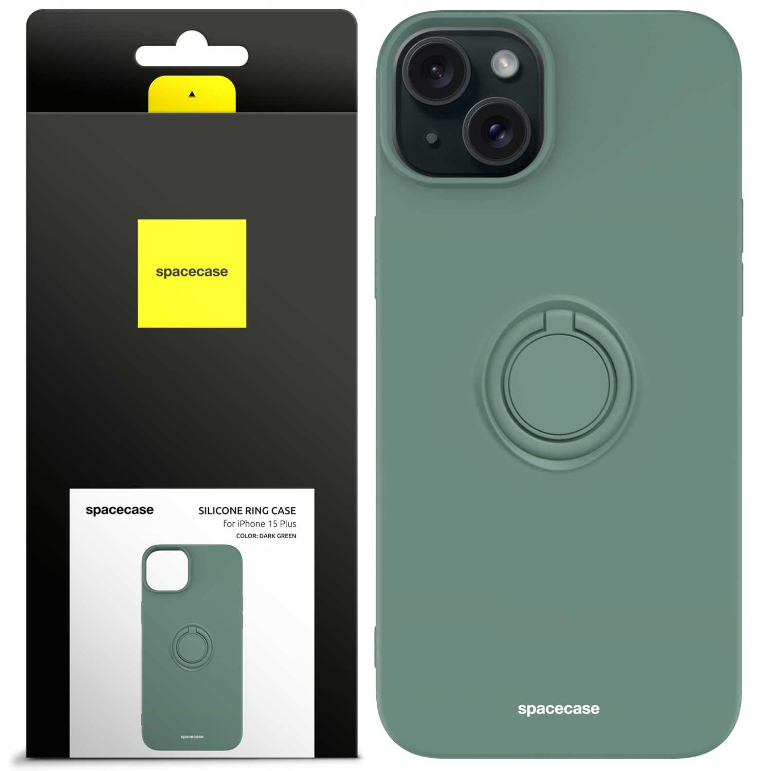 Zielone etui z pierścieniem i pudełkiem. Pudełko ma żółtą etykietę. Etui jest dla iPhone 13 Plus.