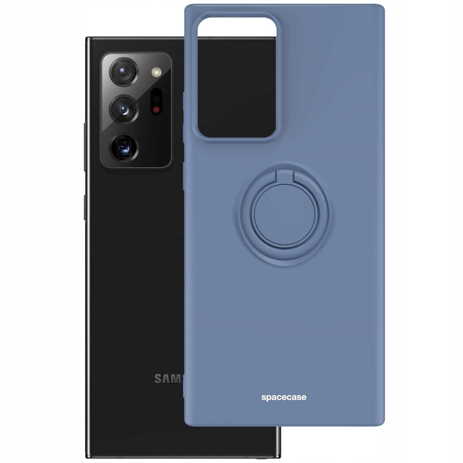 Ciemny telefon obok niebieskiego etui z pierścieniem. Na etui napis 'spacecase'.