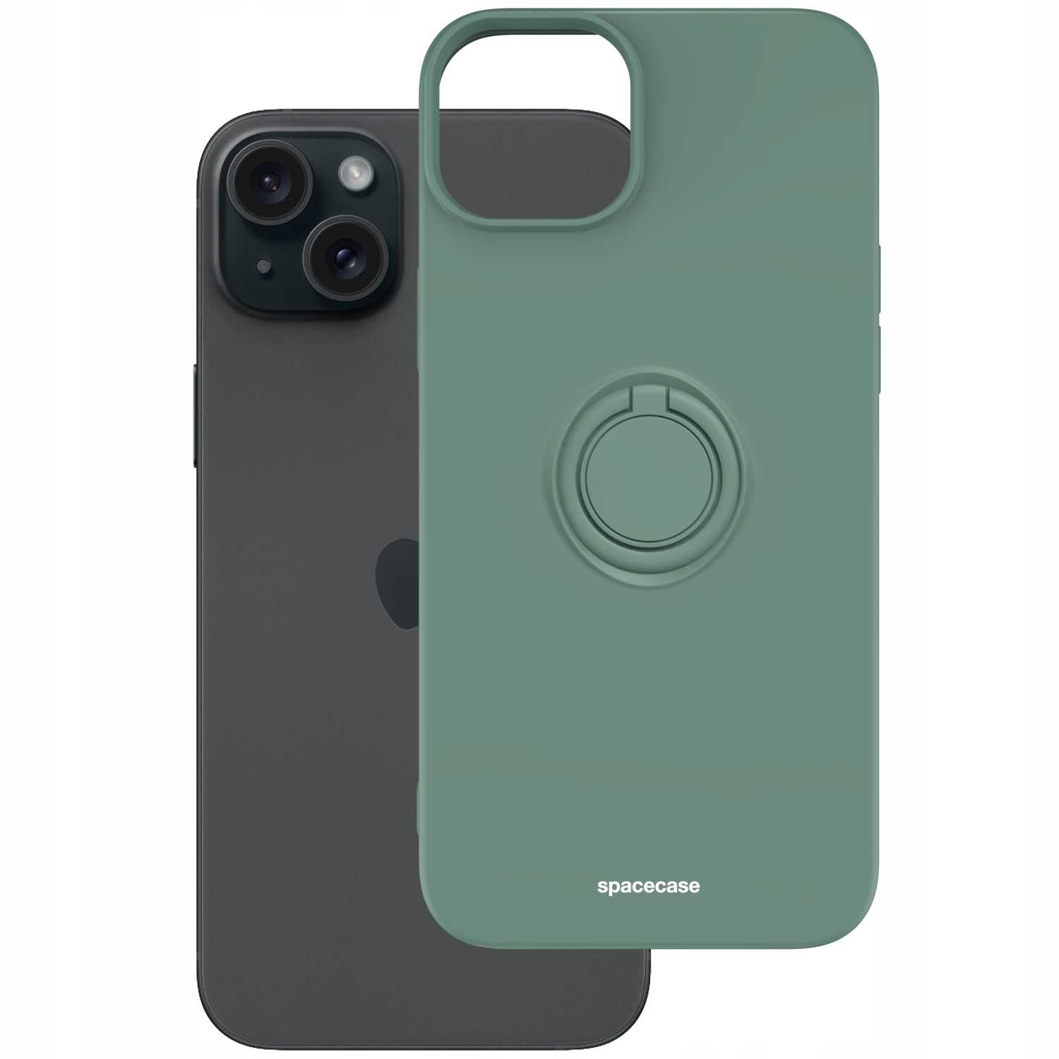 Zielony telefon z etui. Dwa aparaty. 'spacecase' na etui.