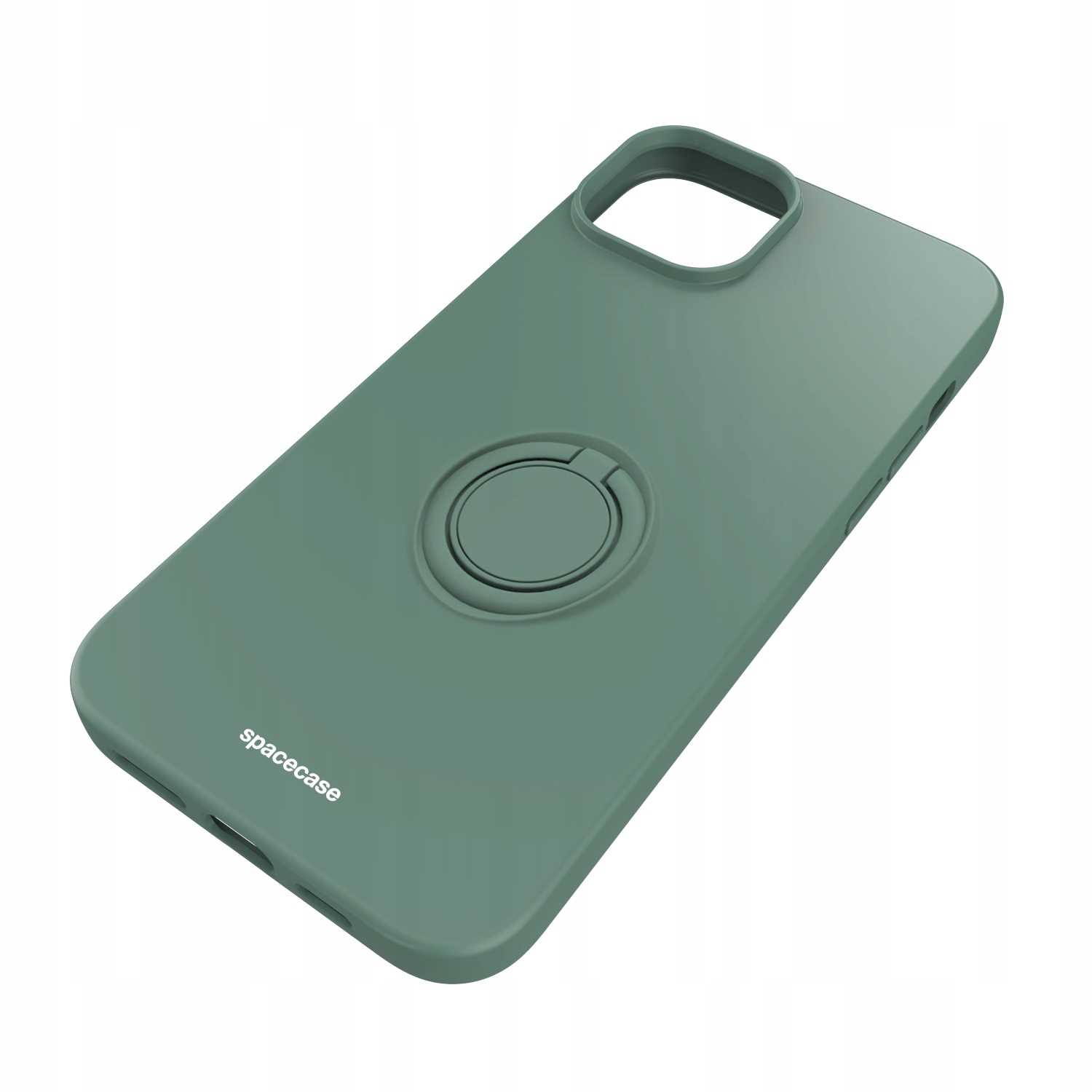 Zielone etui z uchwytem na palec. Widoczna nazwa marki 'spacecase'.