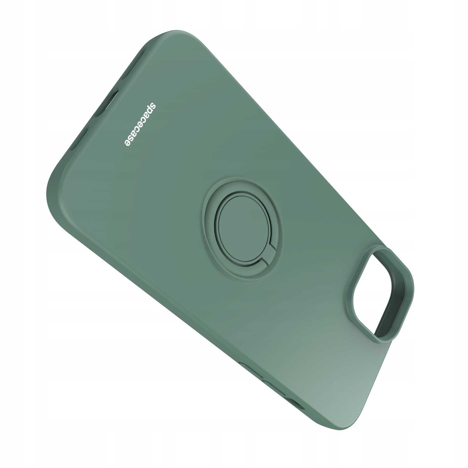 Zielone etui na telefon z uchwytem na palec. Widoczna nazwa marki 'spacecase'.