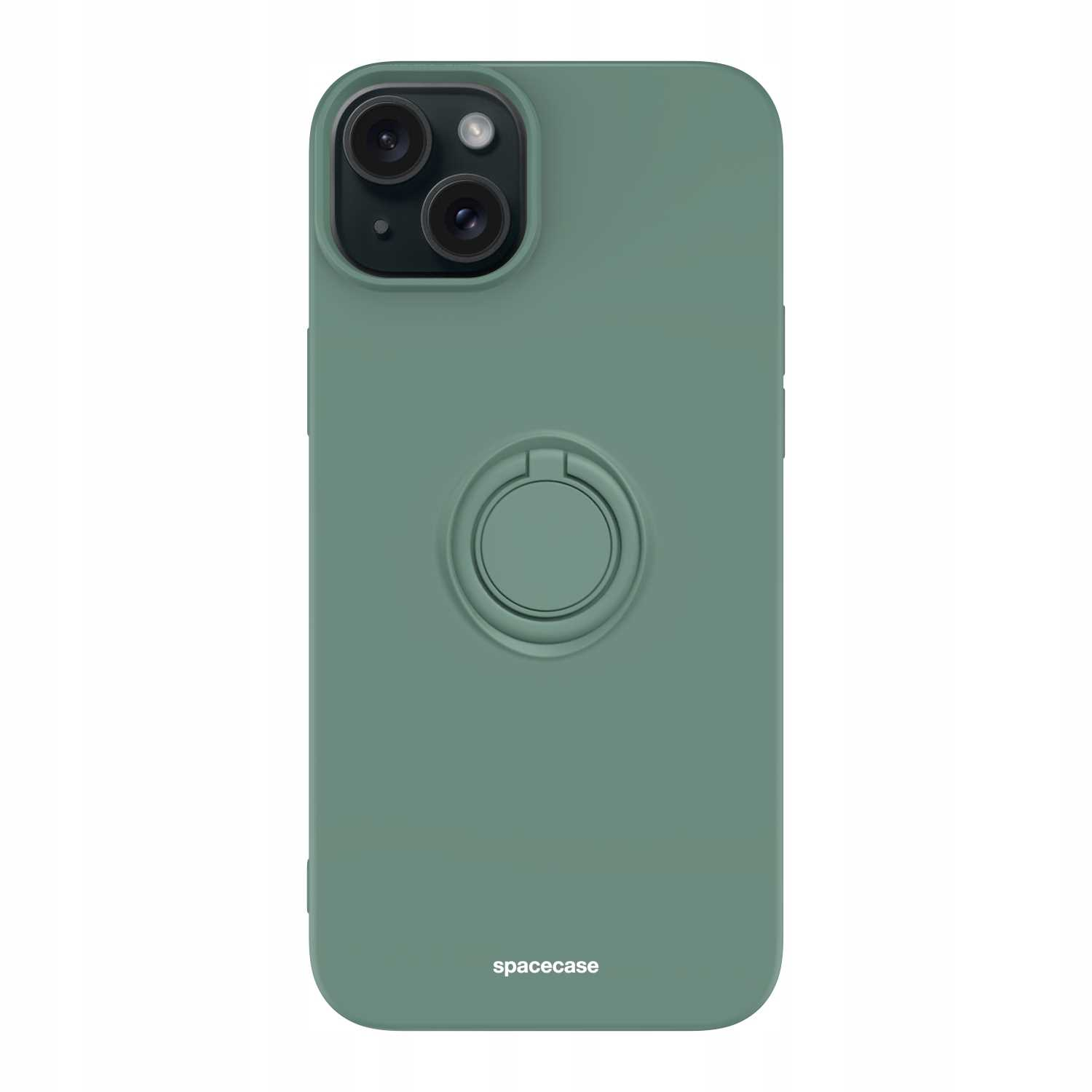 Zielone etui z uchwytem na palec. Dwa aparaty. Marka 'spacecase'.