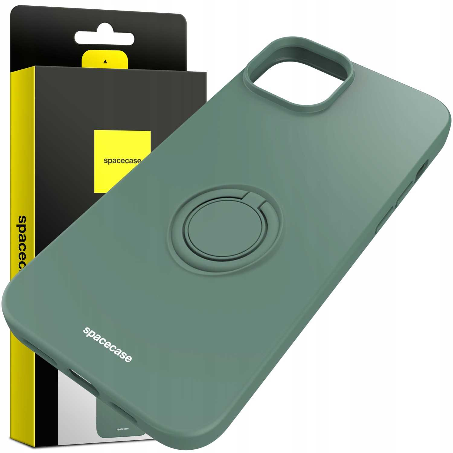 Zielone etui na telefon z uchwytem na palec i pudełko z żółtym kwadratem. Widoczna nazwa marki 'spacecase'.