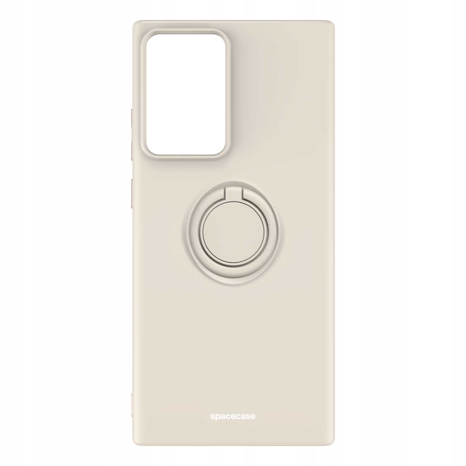 Beżowe etui na telefon z uchwytem na pierścień na białym tle. Widoczne logo Spacecase.