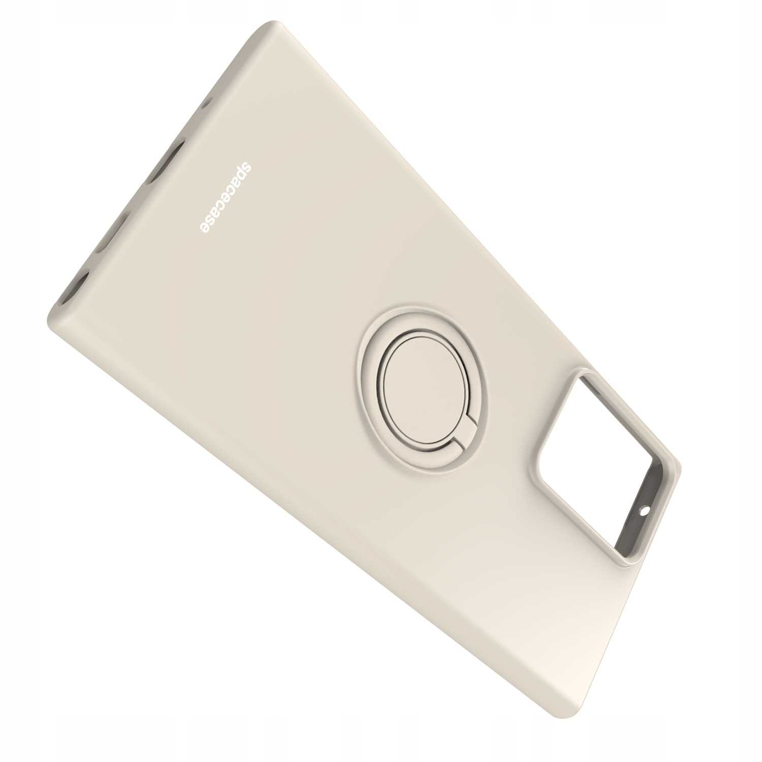 Beżowe etui na telefon z uchwytem na pierścień, widok z boku.