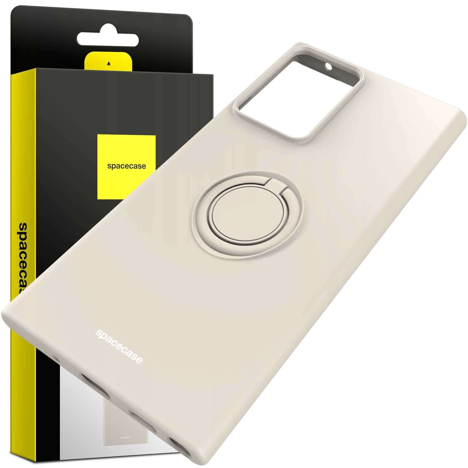 Beżowe etui na telefon z uchwytem na pierścień, obok czarnego pudełka z żółtymi detalami. Widoczne logo Spacecase.
