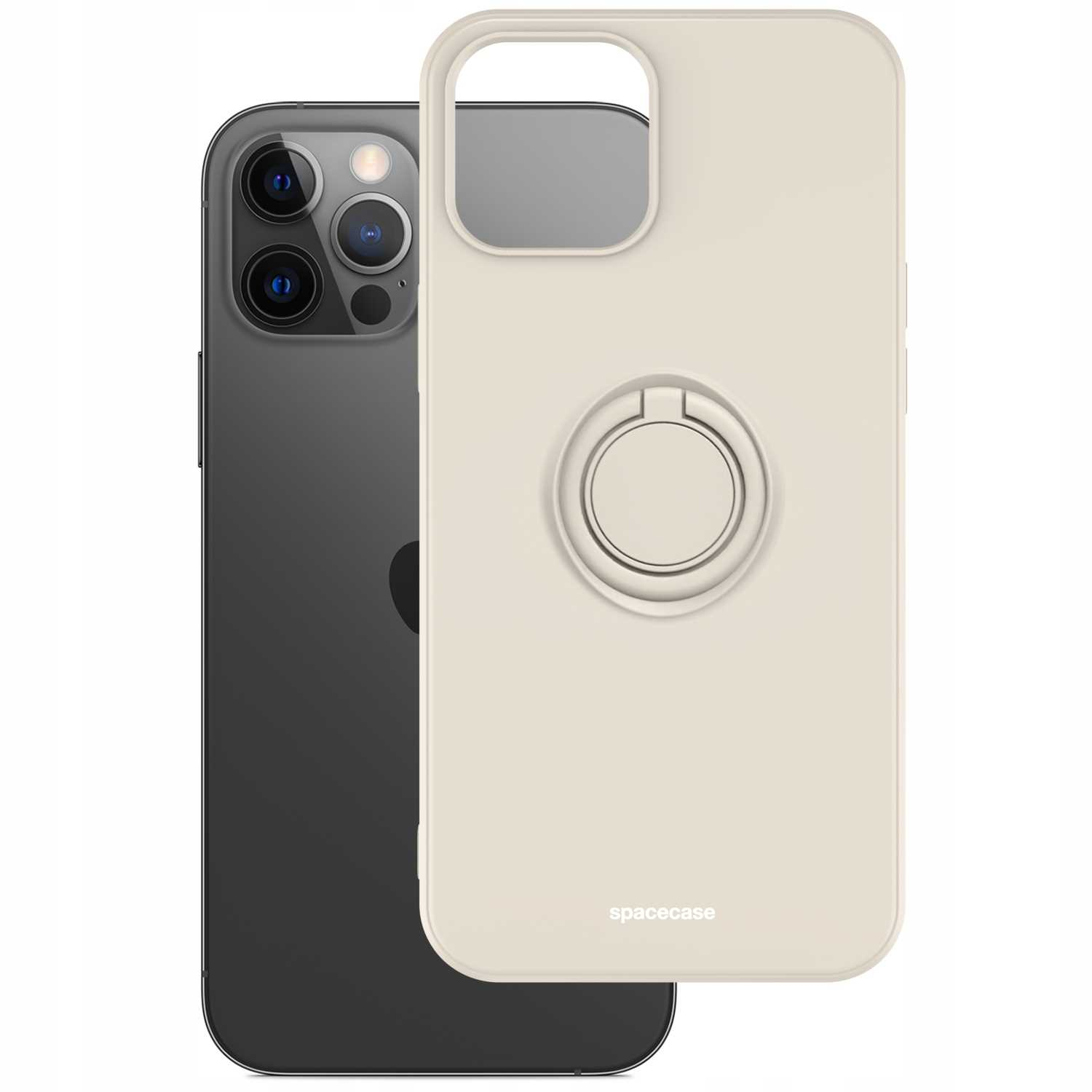 iPhone i kremowe etui na telefon z uchwytem na pierścień. 'spacecase' na dole etui.