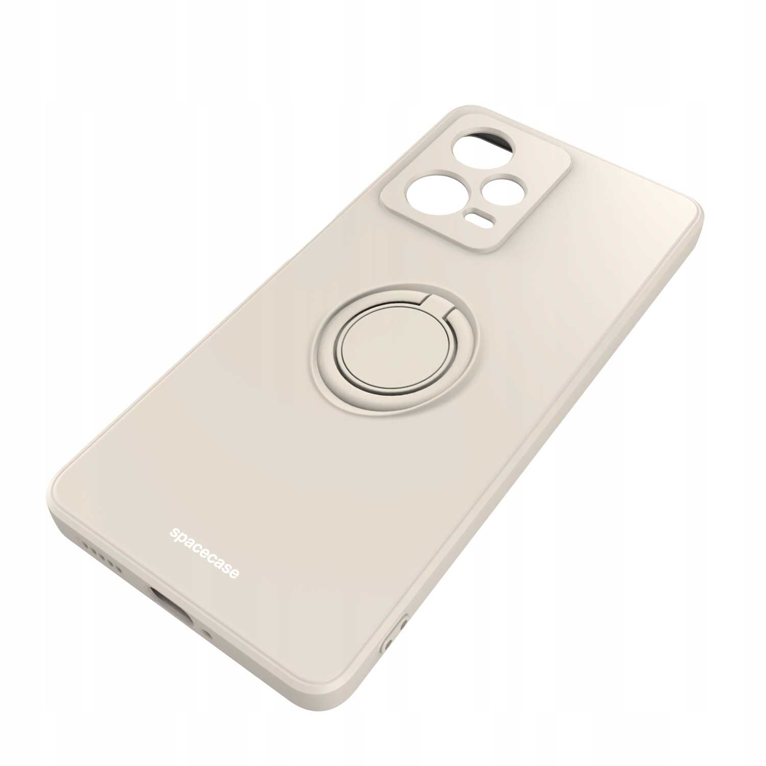 Beżowe etui na telefon z uchwytem na pierścień. Widoczna nazwa marki na etui.