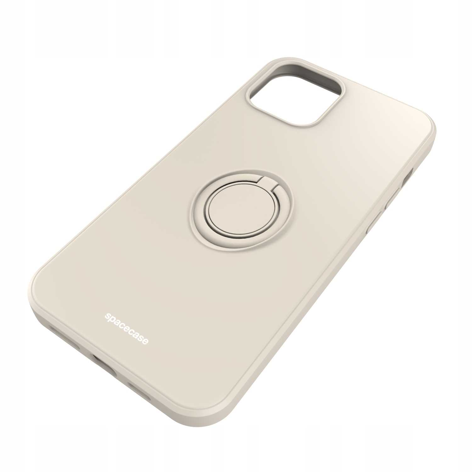Kremowe etui na telefon z uchwytem na pierścień. Widoczne wycięcie na aparat, 'spacecase'.