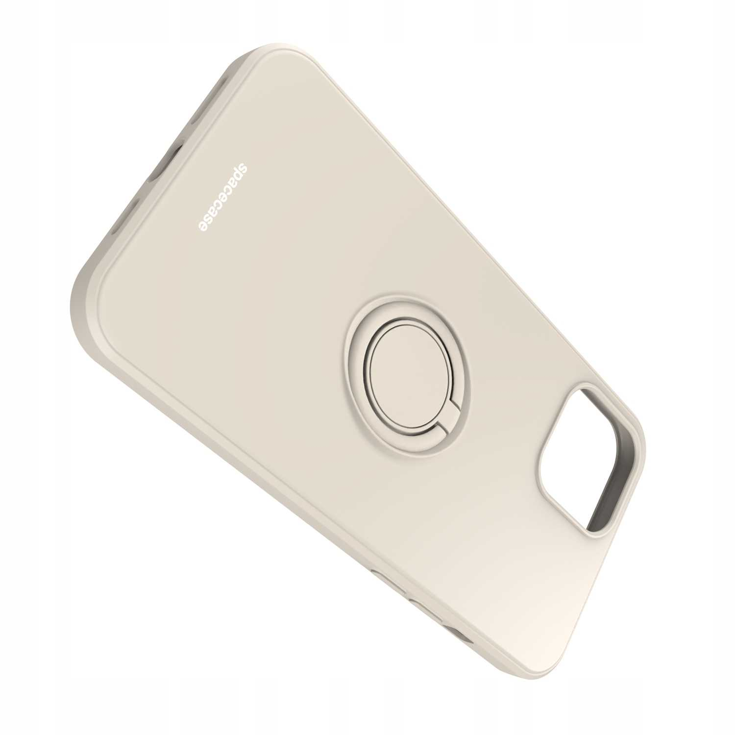 Ukośne beżowe etui na telefon z uchwytem na pierścień. Widoczna nazwa marki na etui.
