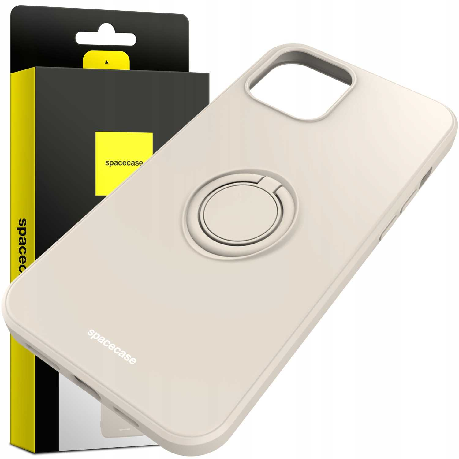 Kremowe etui na telefon z uchwytem na pierścień i pudełkiem. 'spacecase' na etui i pudełku.