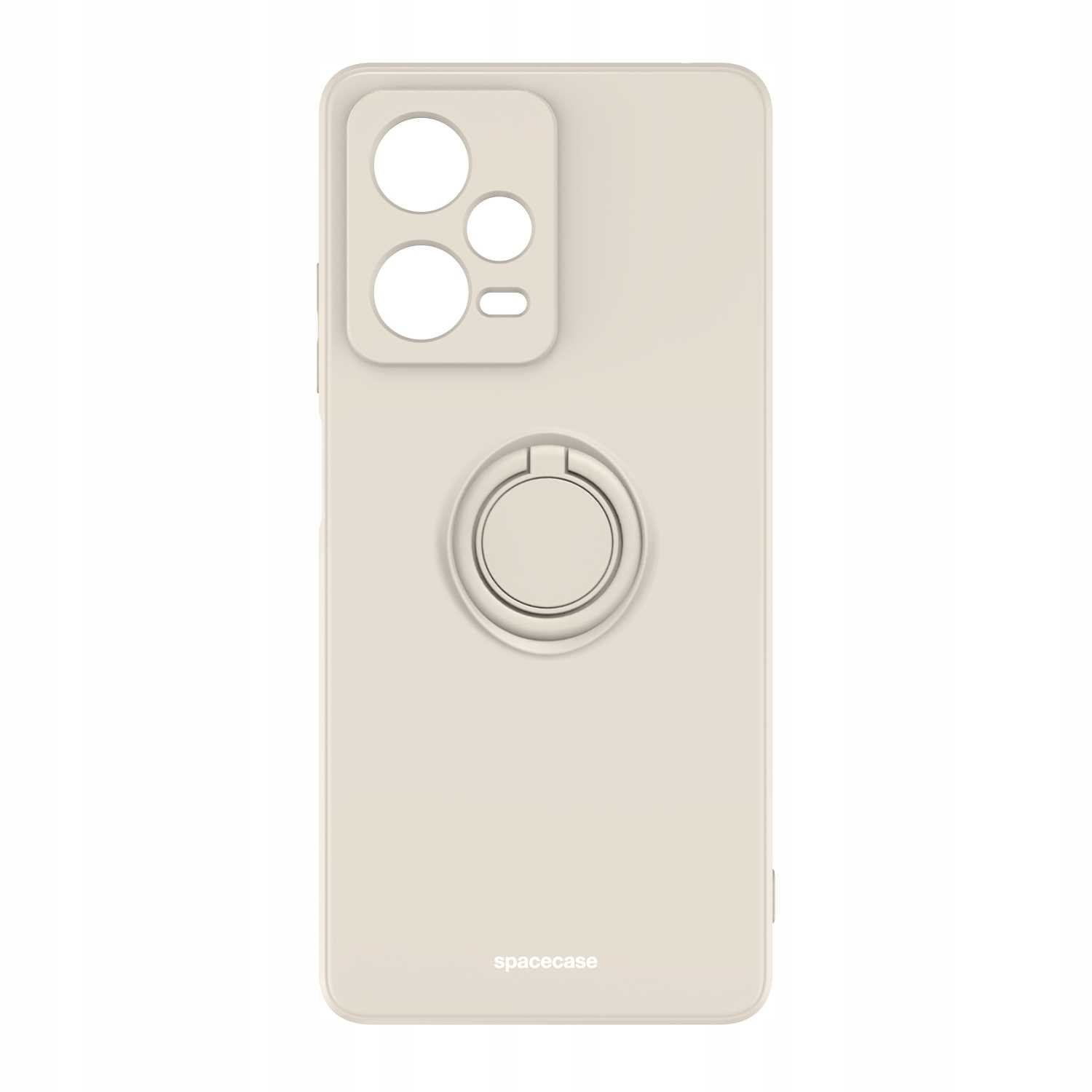 Beżowe etui na telefon z uchwytem na pierścień. Kamery telefonu są widoczne.