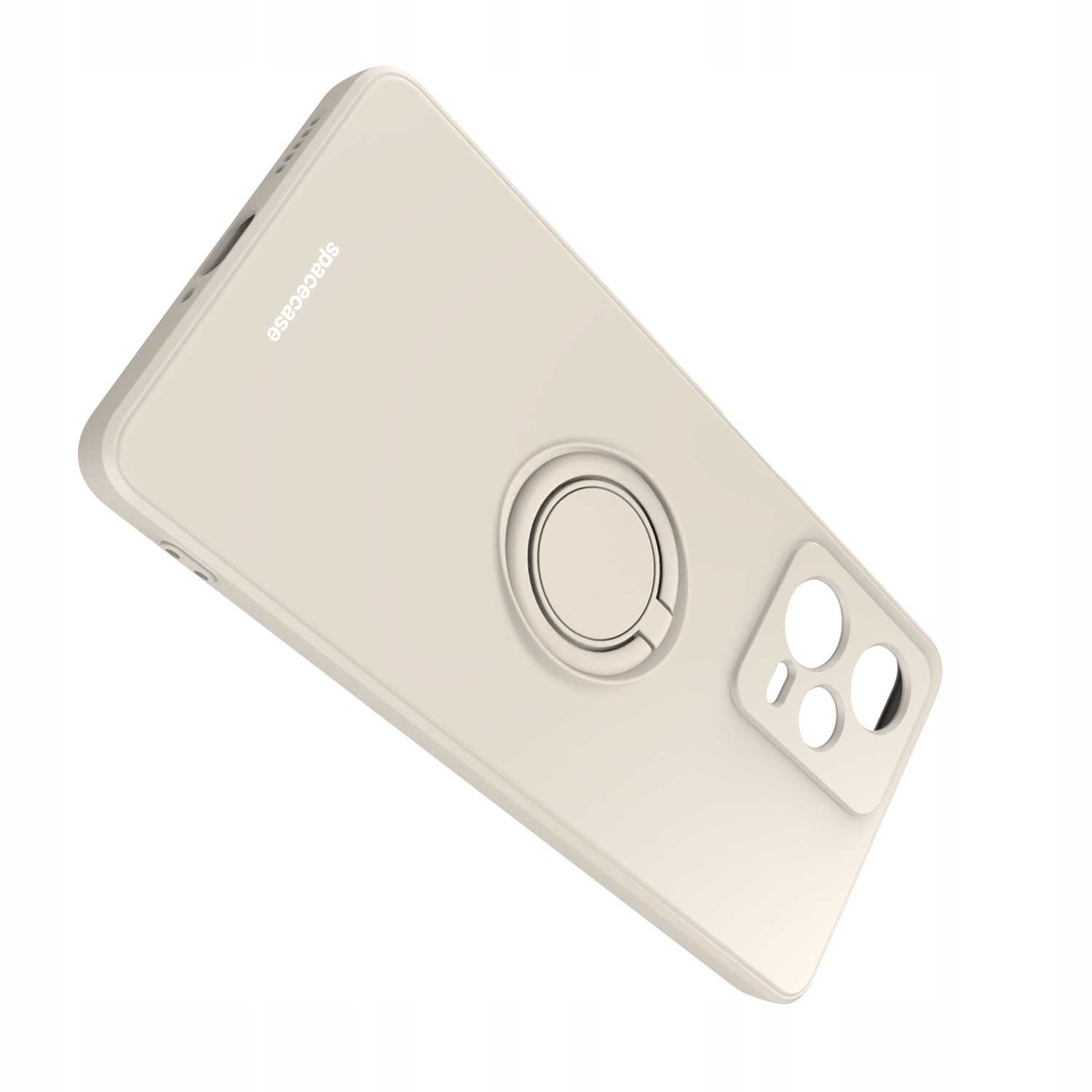 Kremowe etui na telefon, uchwyt na pierścień i wycięcia na aparat. 'spacecase' na dole.