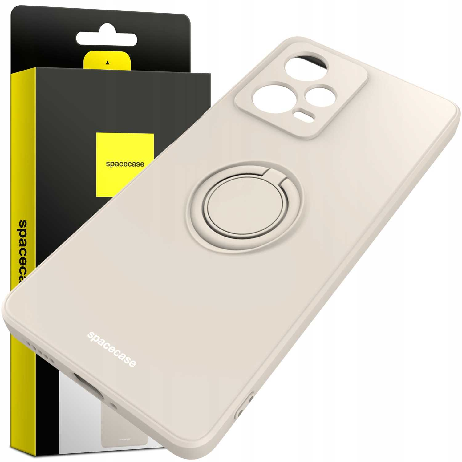 Kremowe etui na telefon z uchwytem na pierścień i pudełkiem. 'spacecase' na etui i pudełku.