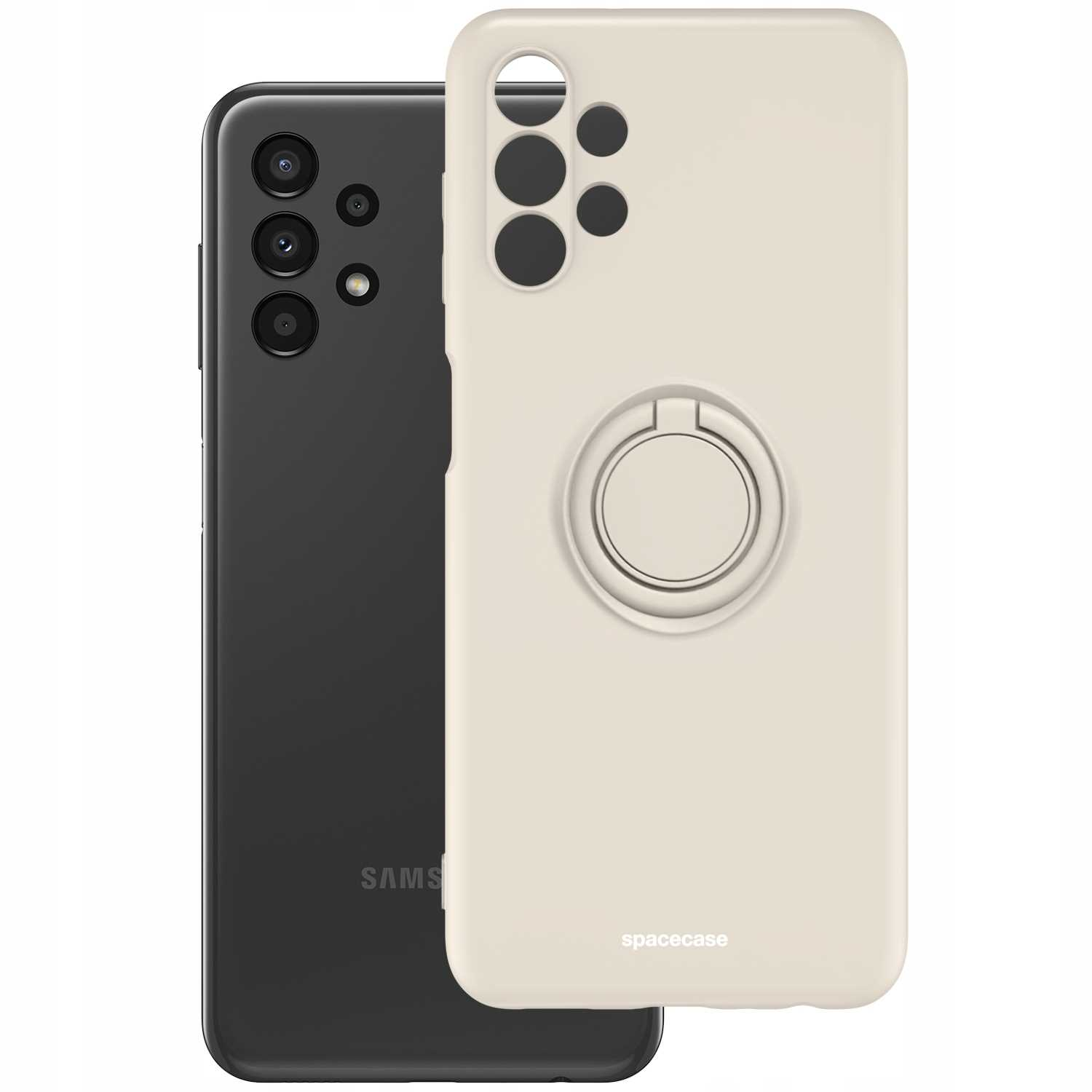 Dwukolorowe etui na telefon. Jedna strona biała z pierścieniem, druga czarna. Z logo.