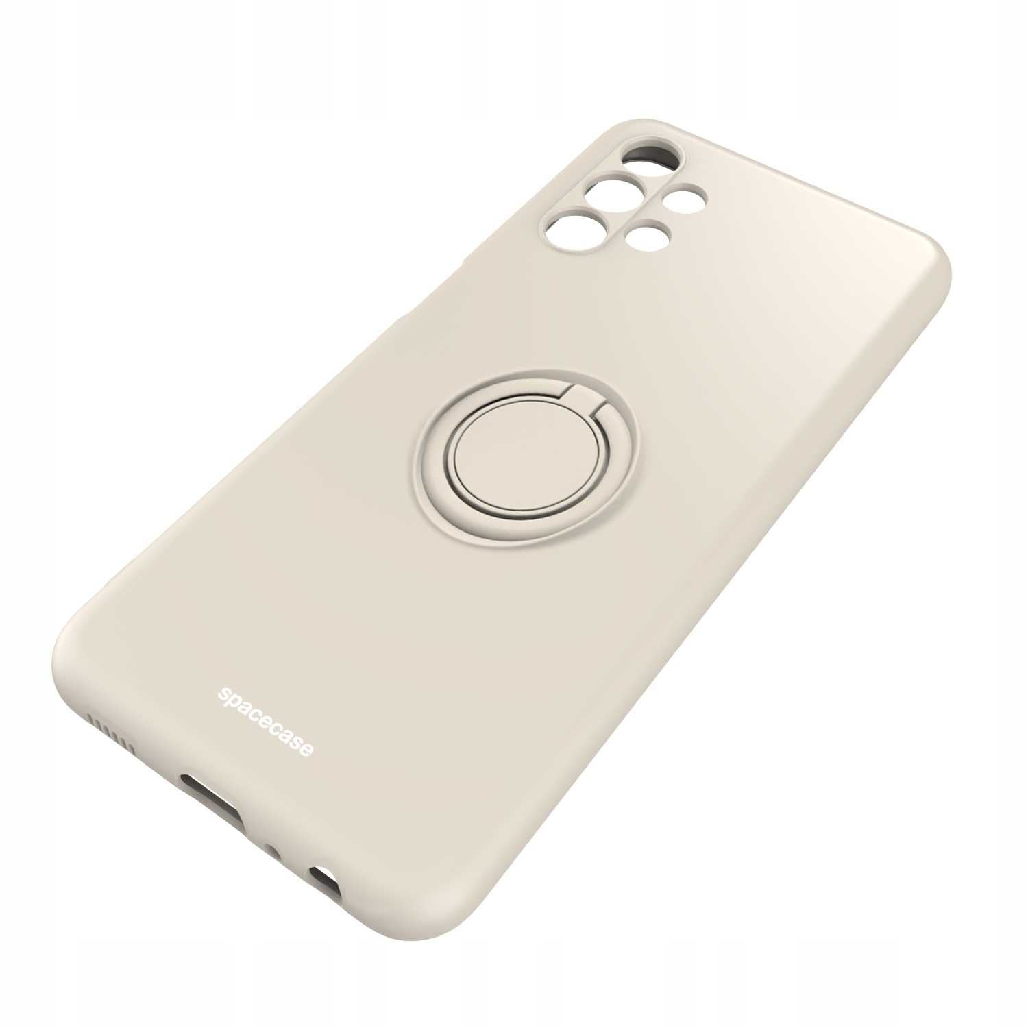 Widok pod kątem kremowej obudowy telefonu z uchwytem na pierścień i marką spacecase.