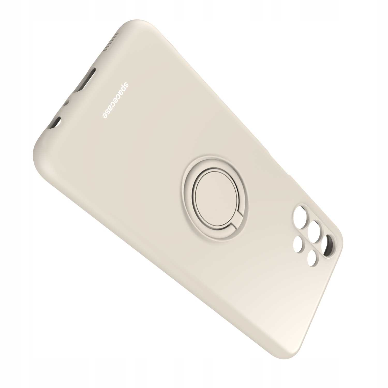 Kremowe etui na telefon z uchwytem pierścieniowym. Etui ma wycięcie na aparat.