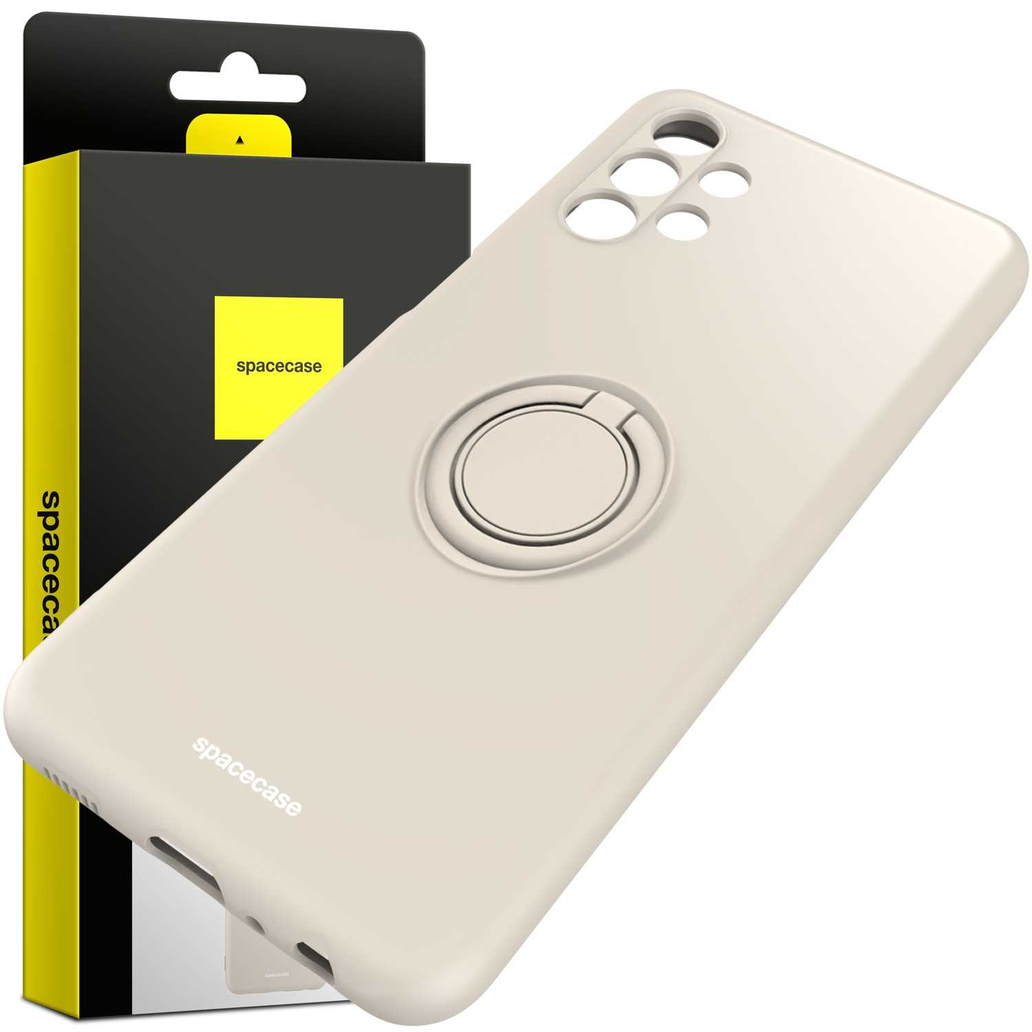 Kremowa obudowa telefonu z uchwytem na pierścień i pudełkiem, z marką spacecase.