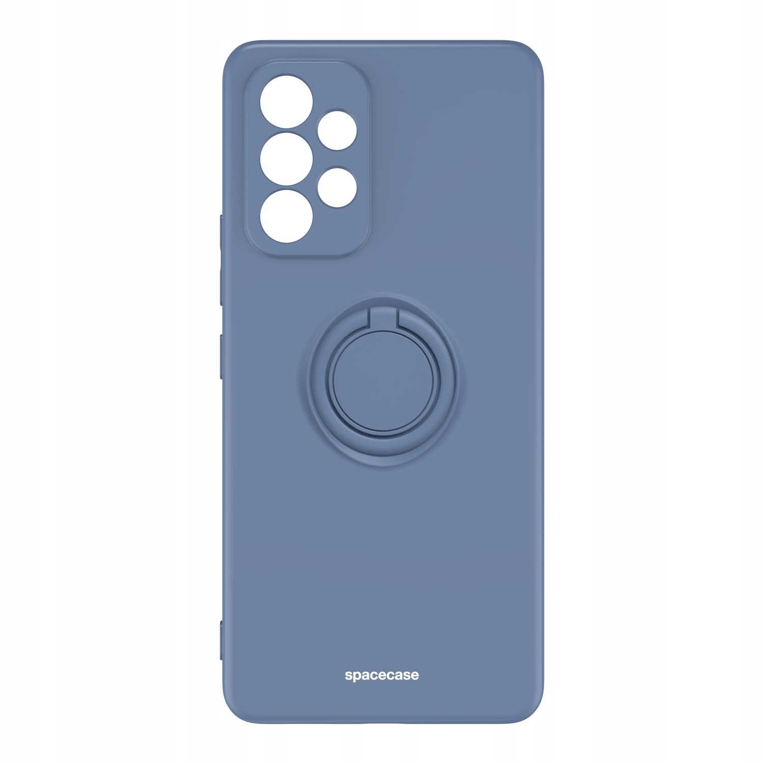 Niebieskie etui na telefon z uchwytem na pierścień. Marka 'spacecase'. Widoczne wiele aparatów.