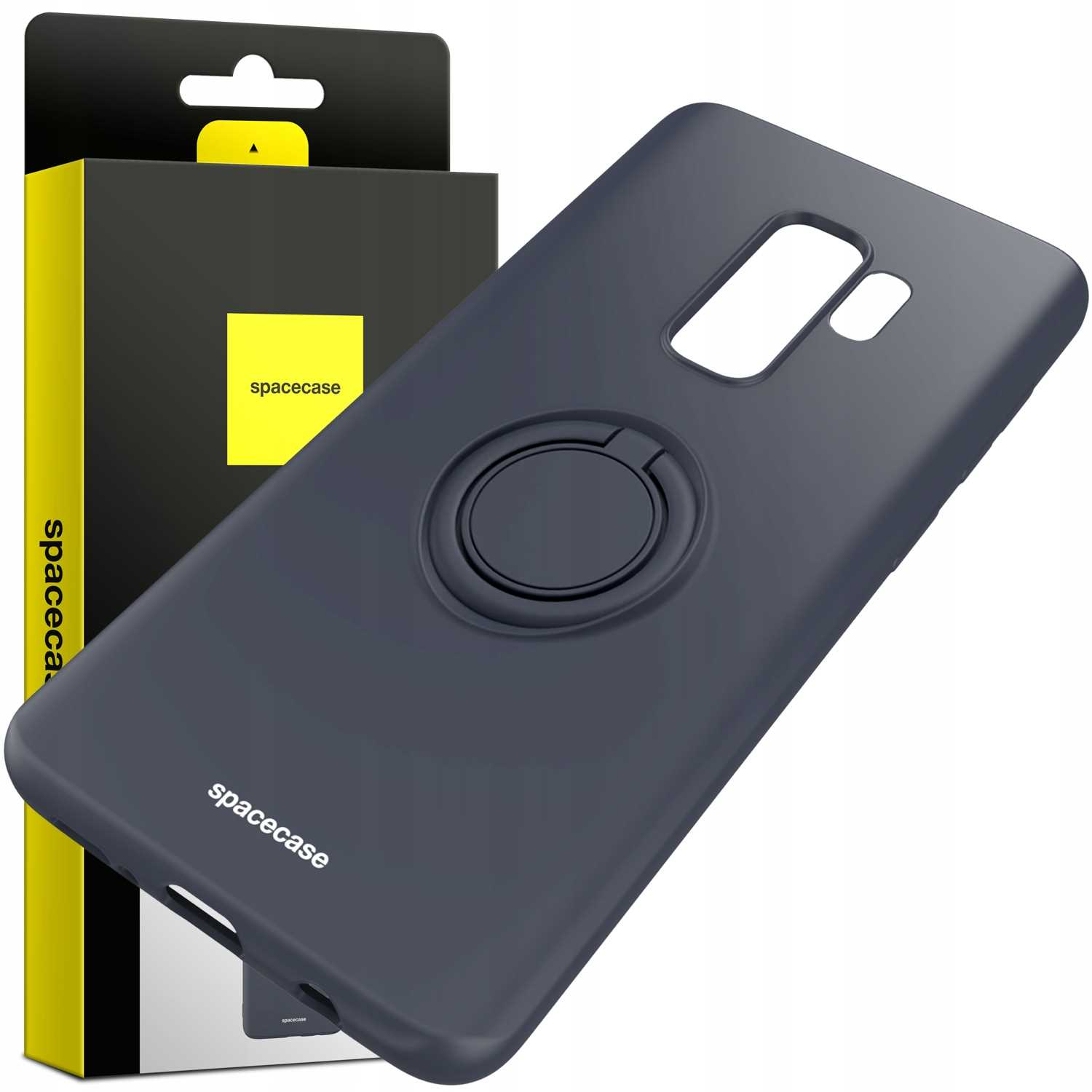 Ciemnoszare etui na telefon z uchwytem na pierścień i pudełkiem z marką 'spacecase'.