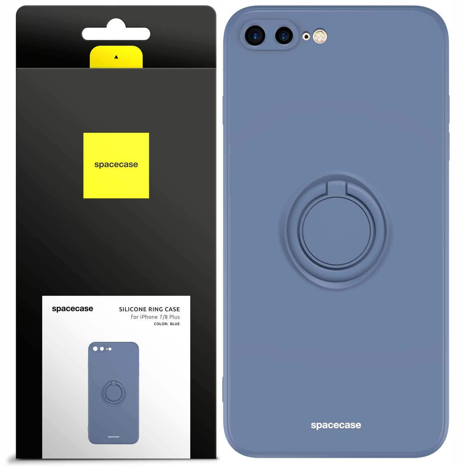 Niebieskie etui na telefon obok pudełka. Etui ma uchwyt na pierścień. Pudełko mówi 'spacecase'.