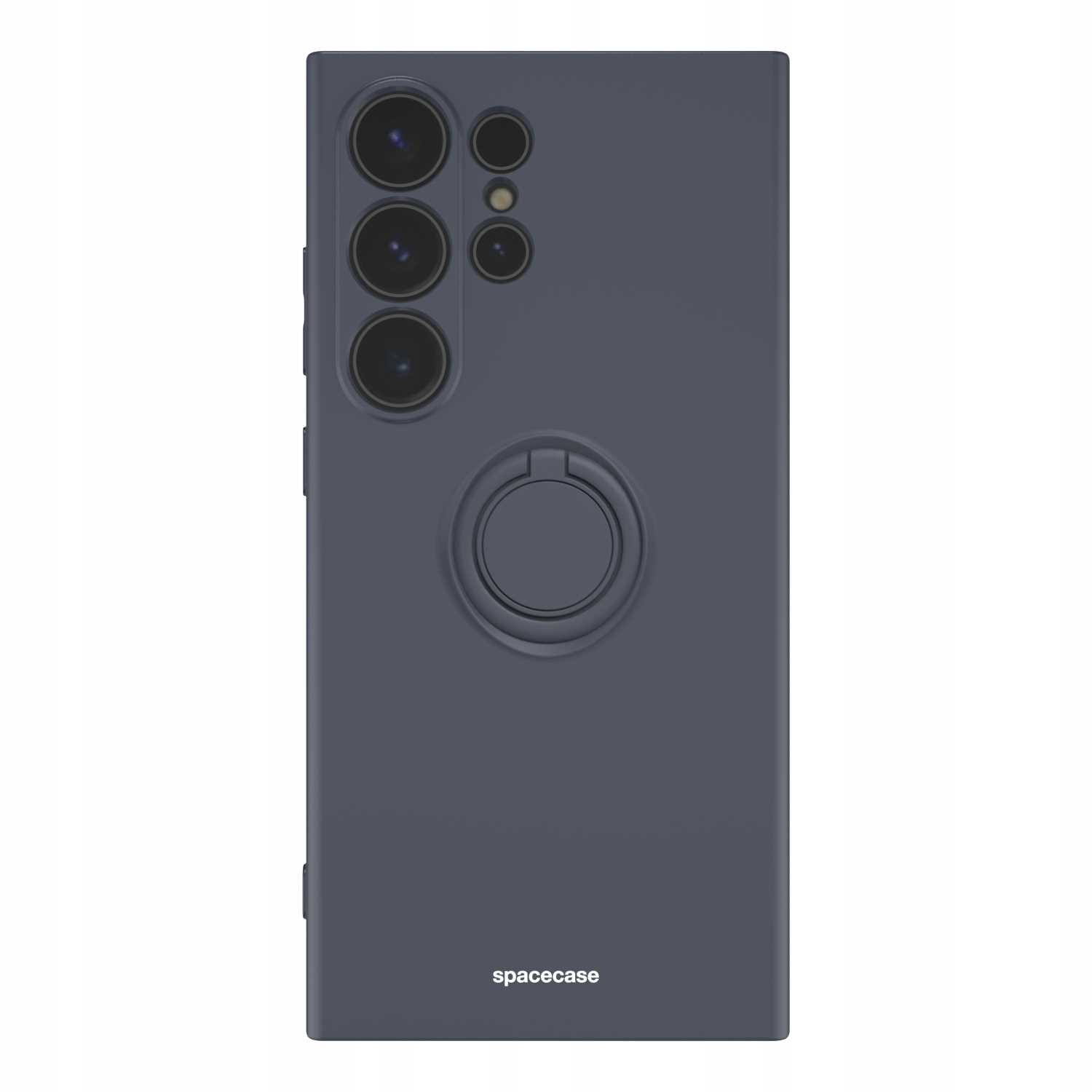 Ciemnoniebieskie etui na telefon z pierścieniem. Widoczne aparaty telefonu. Marka spacecase.