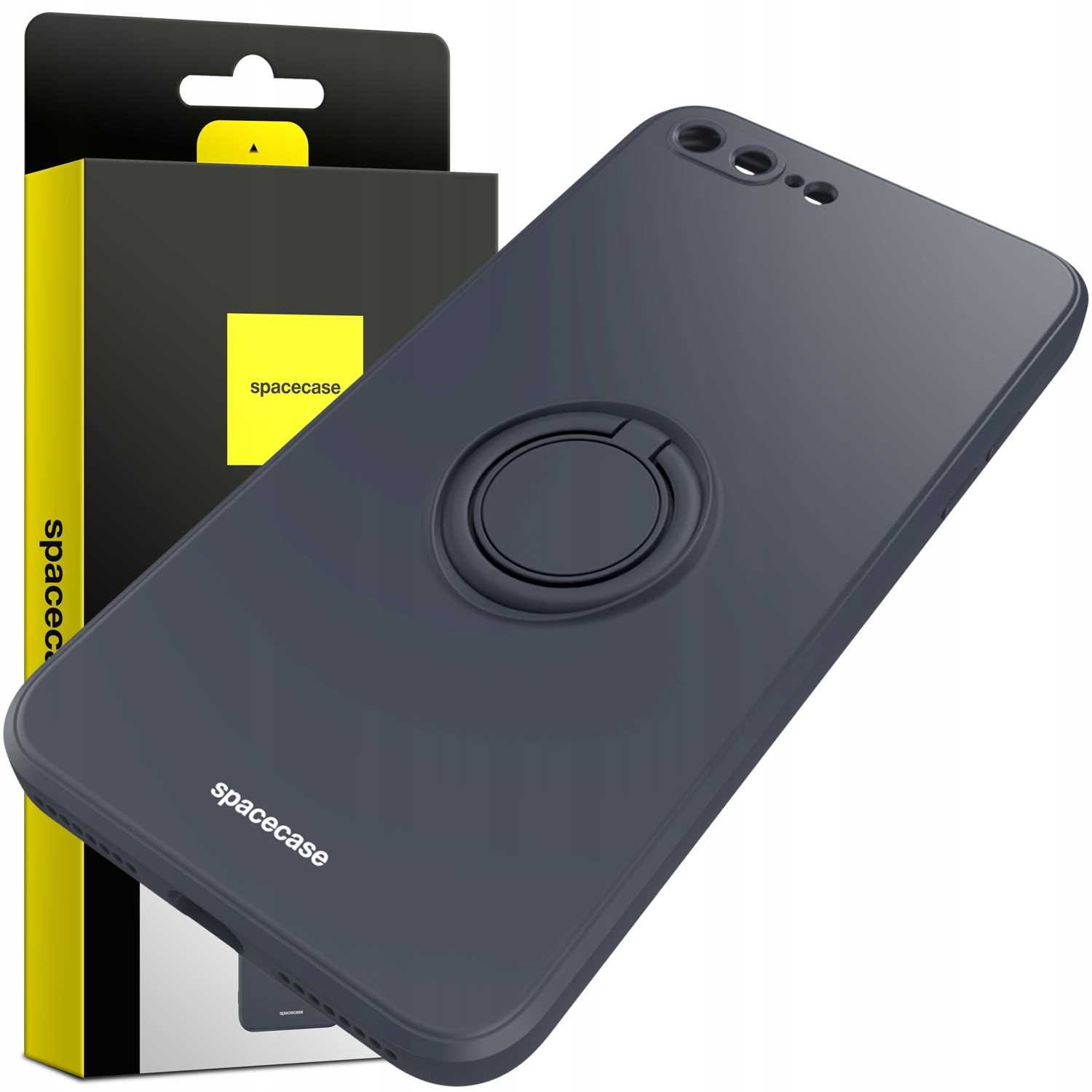 Ciemnoszara obudowa telefonu z uchwytem na pierścień. Obok znajduje się pudełko.