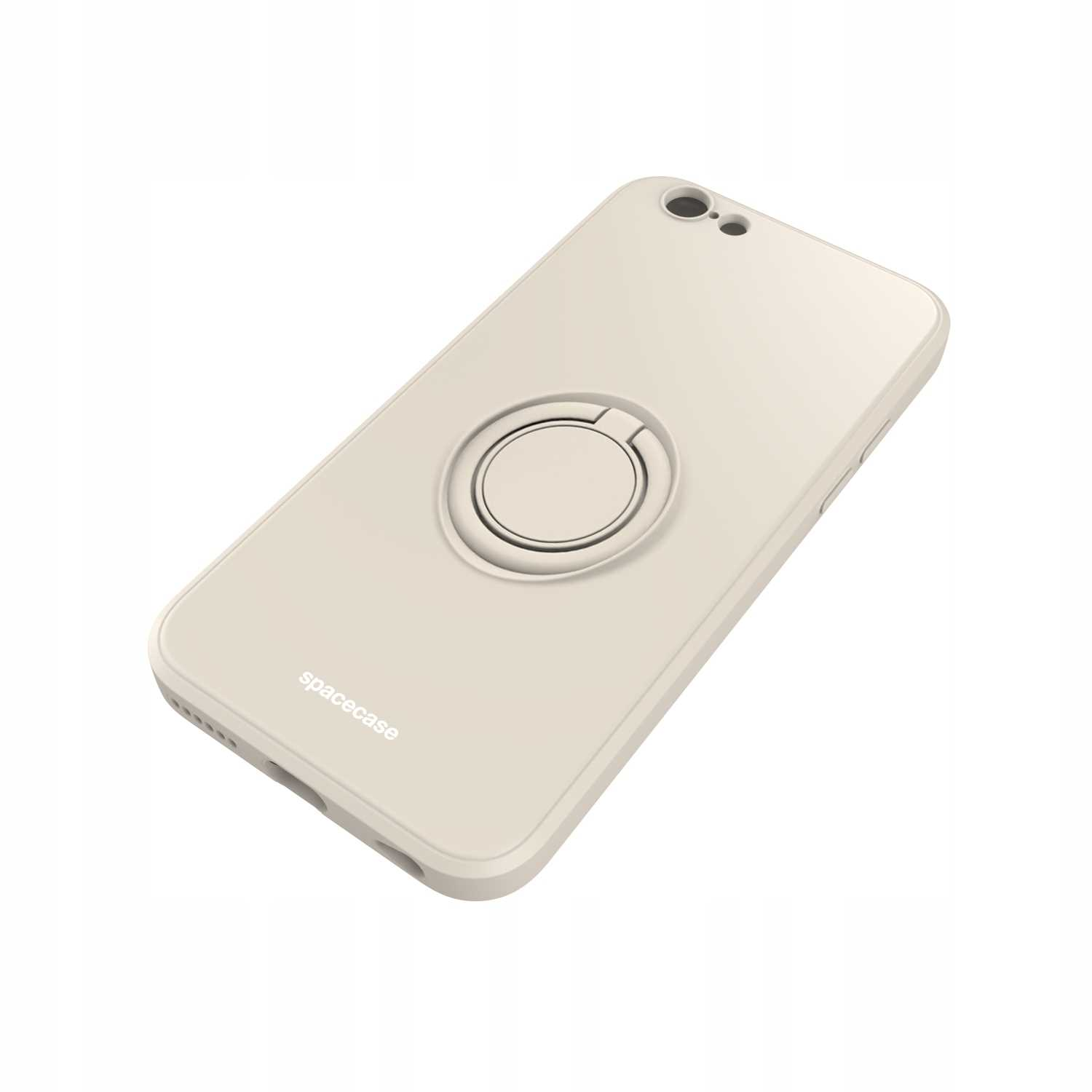 Kremowe etui na telefon z uchwytem na pierścień i nazwą marki. Etui jest pochylone.