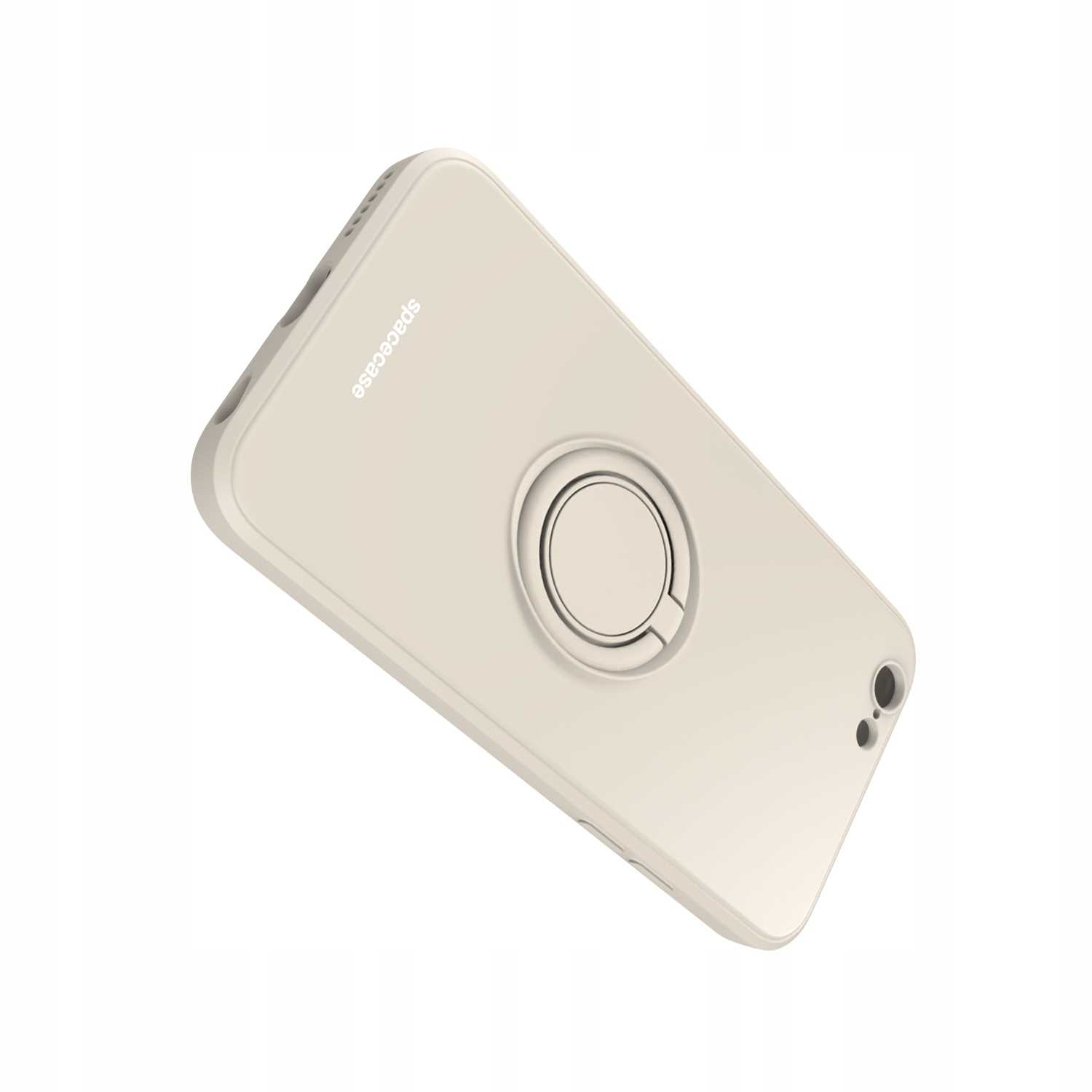 Kremowe etui na telefon z uchwytem na pierścień i nazwą marki. Etui jest pochylone.