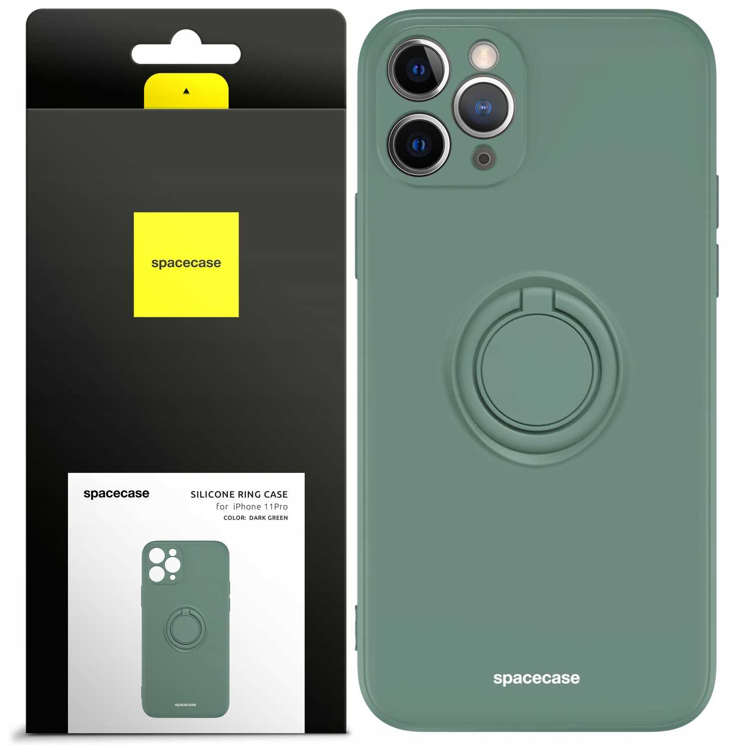 Zielone etui na telefon z uchwytem na palec, opakowanie. Marka to spacecase.