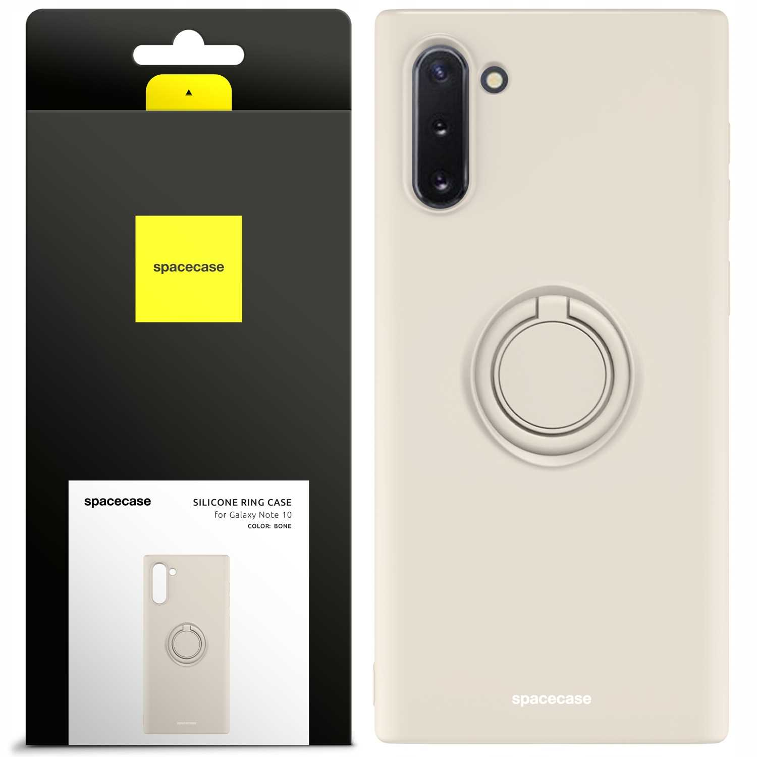 Kremowe etui na telefon z uchwytem na palec, opakowanie. Marka to spacecase.