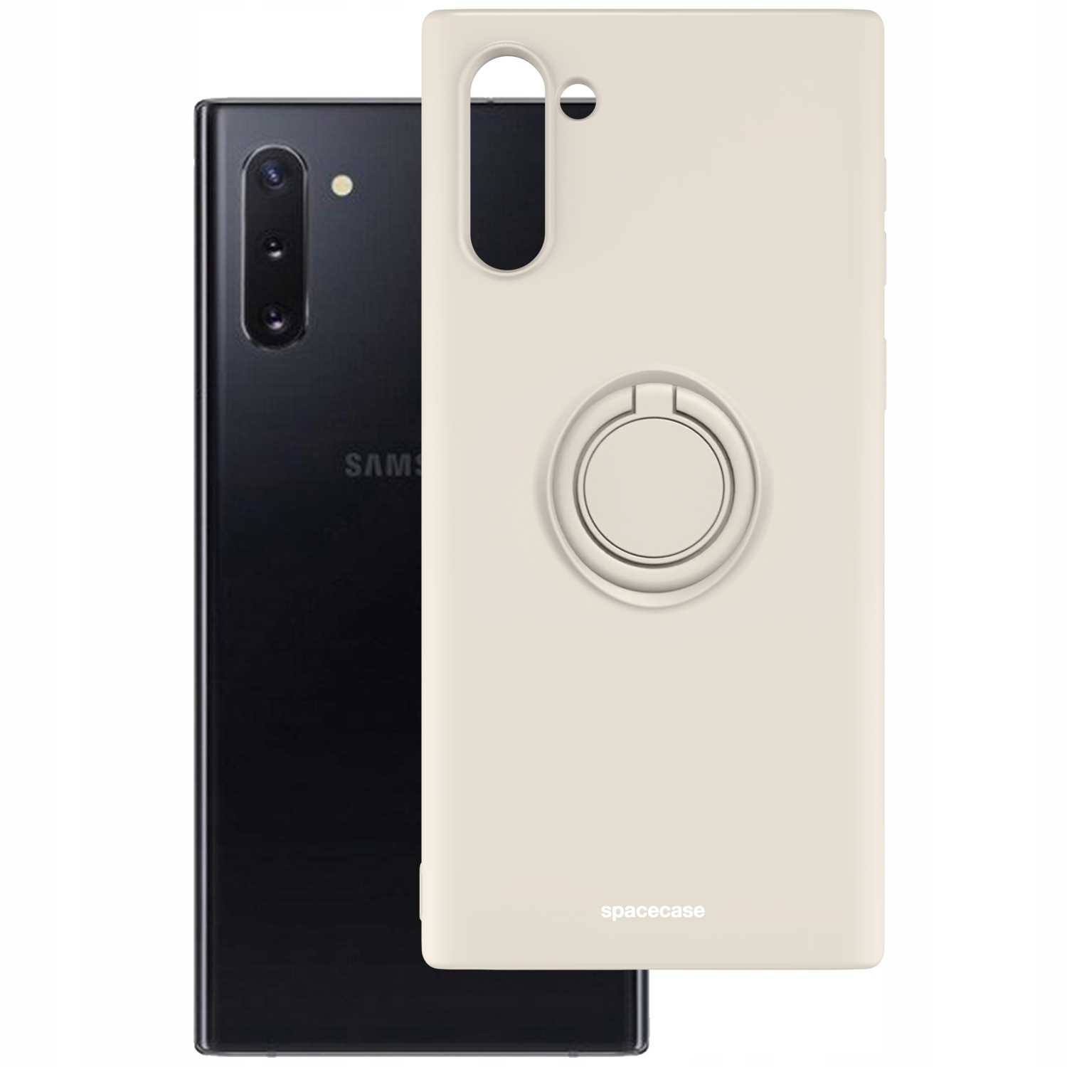 Kremowe etui na telefon z uchwytem na palec i czarnym telefonem. Marka to spacecase.