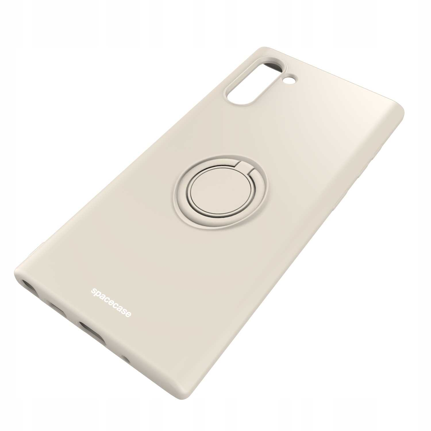 Kremowe etui na telefon z uchwytem na palec, widok z boku. Marka to spacecase.