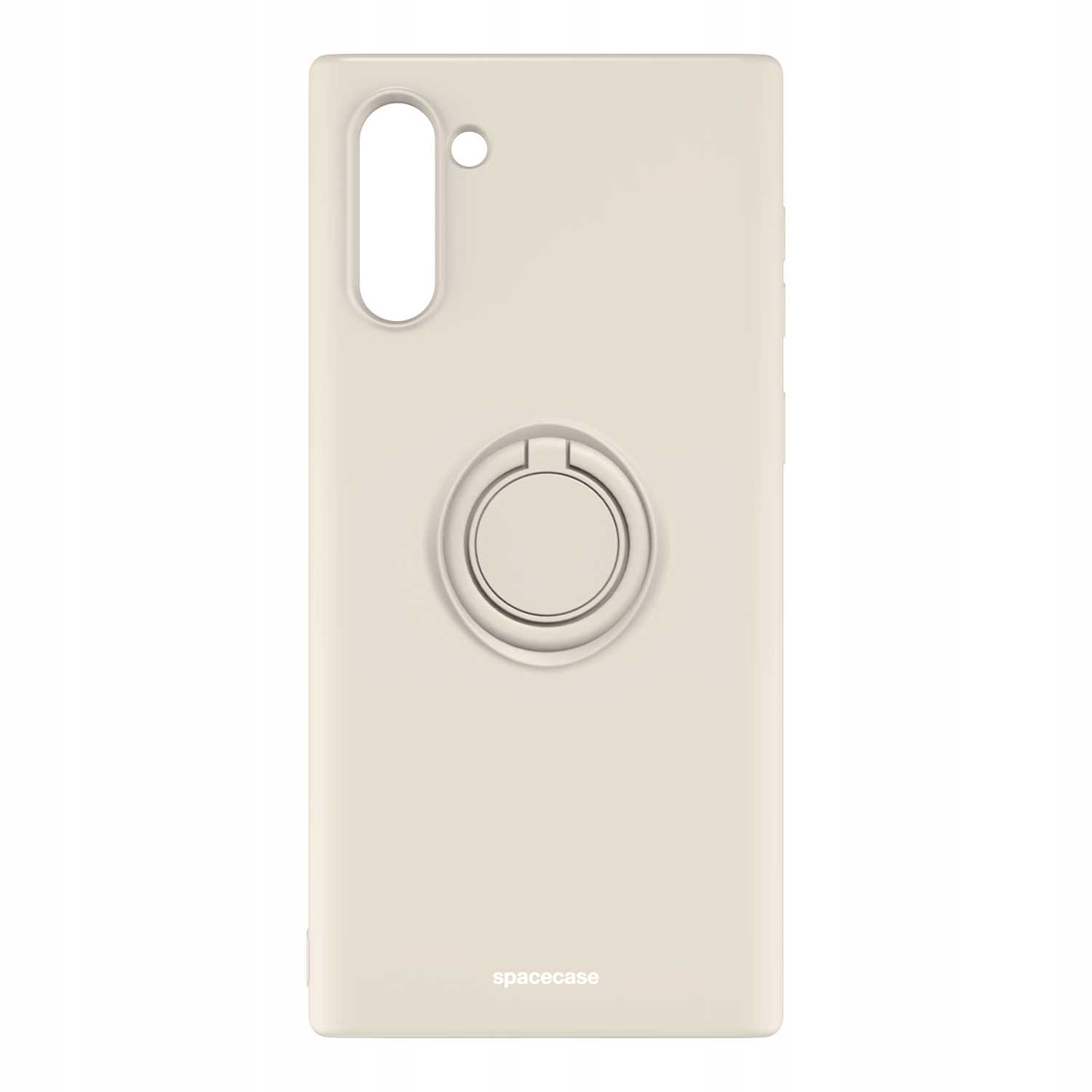 Kremowe etui na telefon z uchwytem na palec. Widok z tyłu. Marka to spacecase.