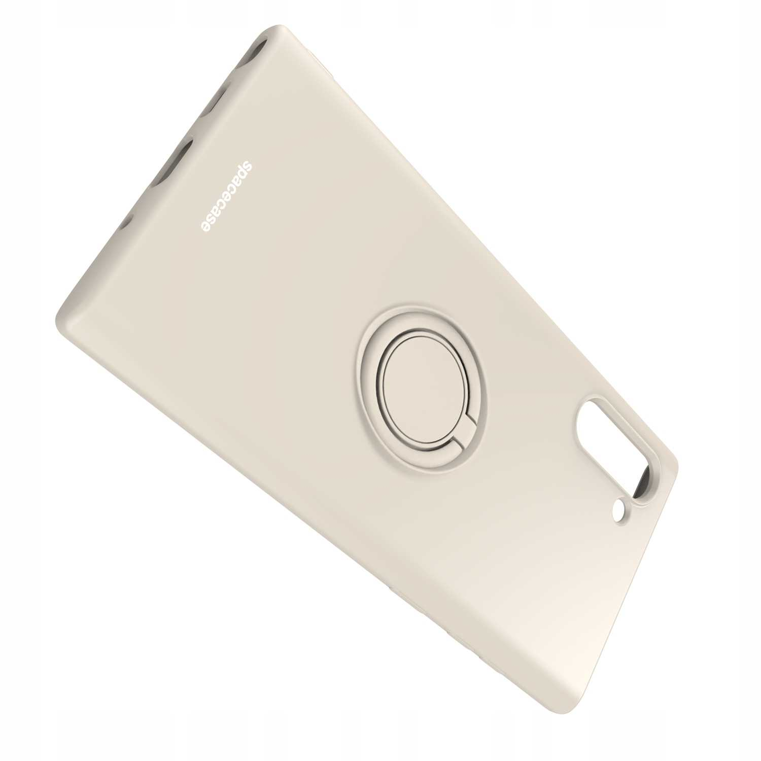 Kremowe etui na telefon z uchwytem na palec, widok z boku. Marka to spacecase.