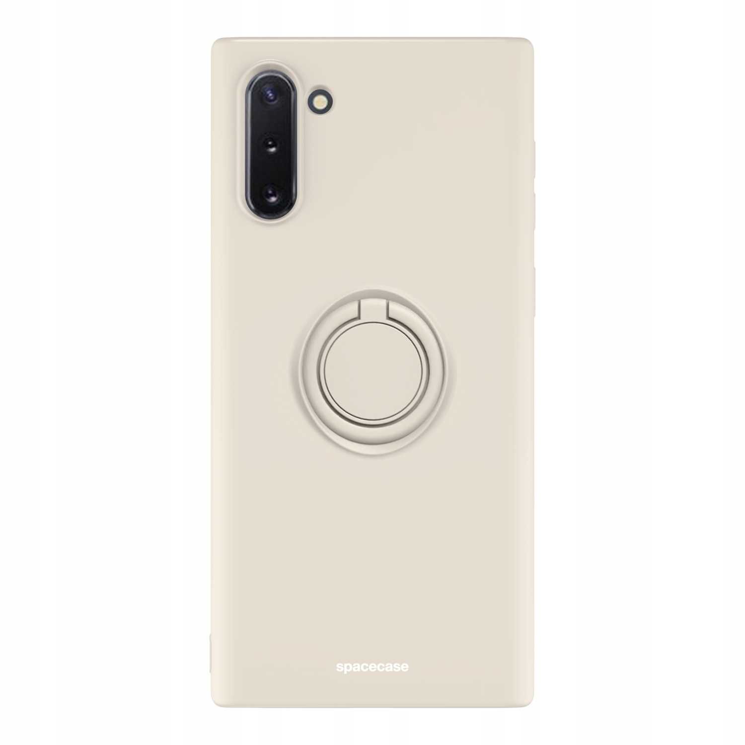Etui na telefon z uchwytem na palec, kremowy kolor, marka 'spacecase'. Telefon ma aparat.