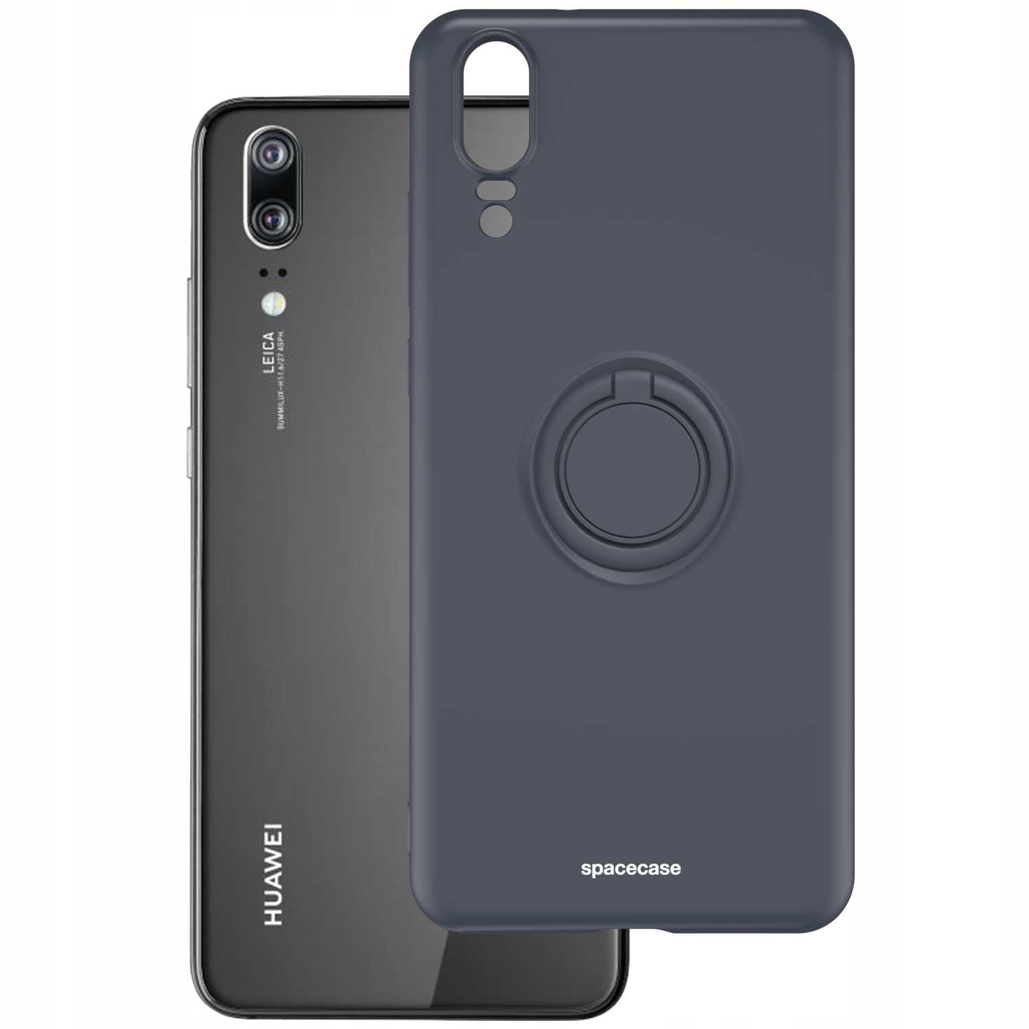 Ciemnoszare etui z uchwytem na palec obok telefonu. Marka to spacecase.