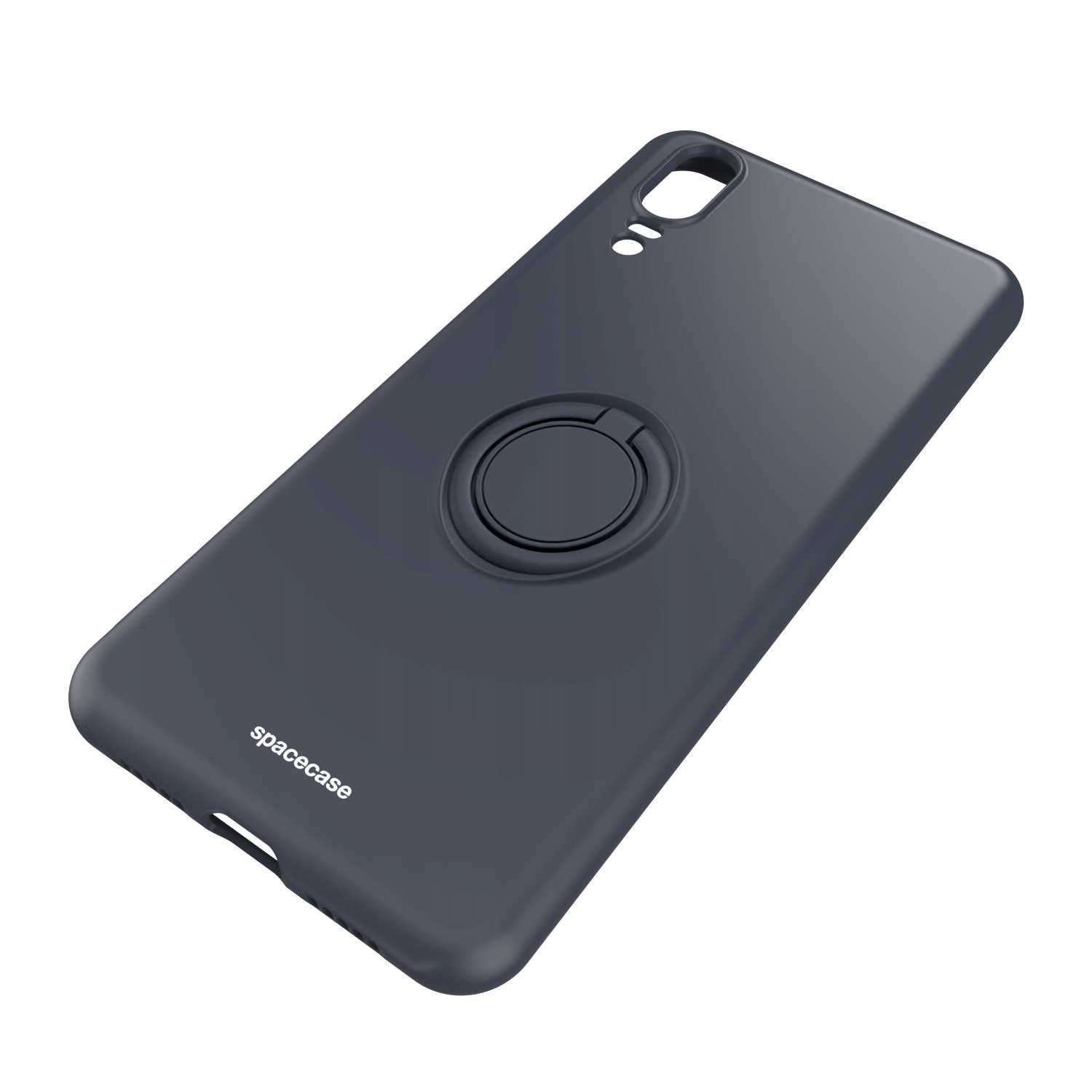 Ciemnoszara obudowa telefonu z uchwytem na pierścień. Na dole napis Spacecase.
