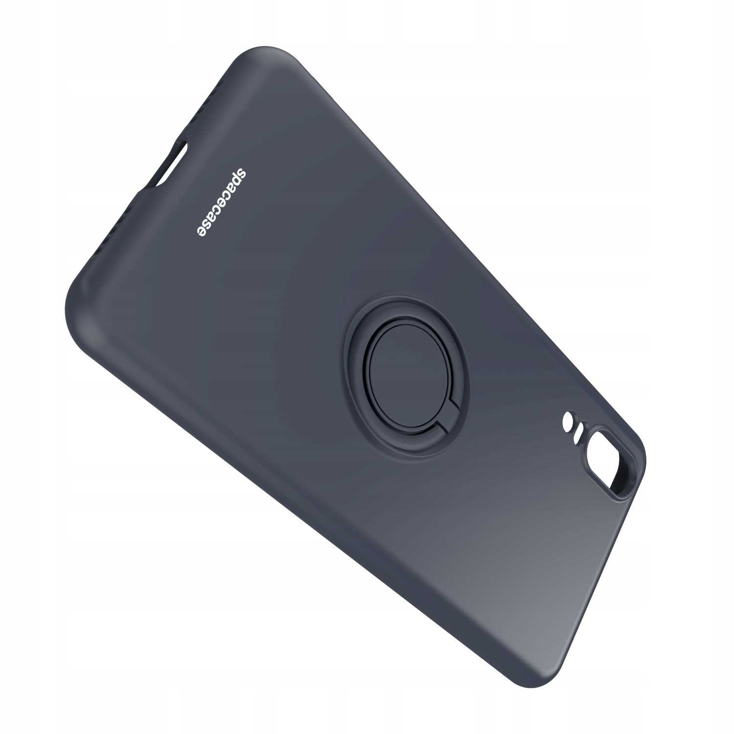 Ciemnoszara obudowa telefonu z uchwytem na pierścień. Na dole napis Spacecase.